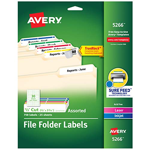 Book Cover Avery File Folder Labels in Assorted Colors for Laser and Inkjet Printers with TrueBlock Technology, 0.67 x 3.43 Inches, Pack of 750 (5266)(Packaging May Vary)