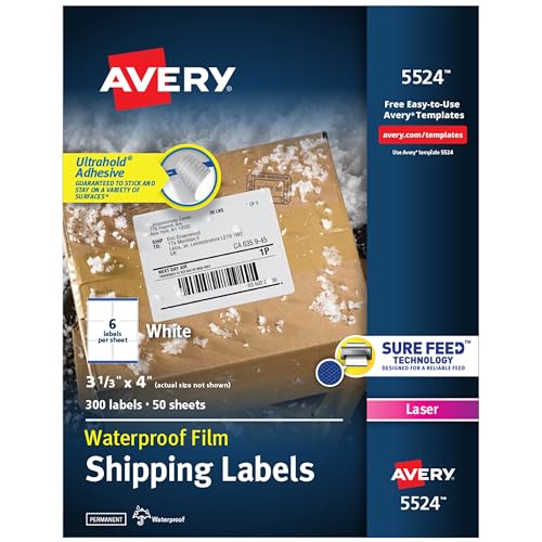 Avery 5524 White Printer Label - Printable Labels (White, Laser, 34 x 102, 300 Pieces, 50 Sheets)