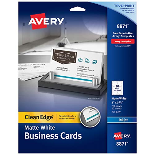 Book Cover Avery Printable Business Cards, Inkjet Printers, 200 Cards, 2 x 3.5, Clean Edge, Heavyweight (8871), White