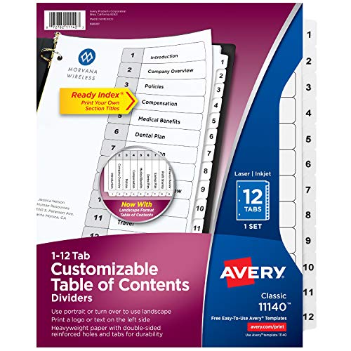 Avery 12 Tab Dividers for 3 Ring Binders , Customizable Table of Contents, Classic White Tabs, 1 Set (11140)