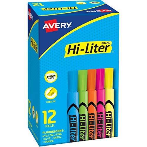 Book Cover AVERY 98034 Hi-Liter Desk-Style Highlighters, Smear Safe Ink, Chisel Tip is Great for Sketch Book Art, 12 Assorted Colors