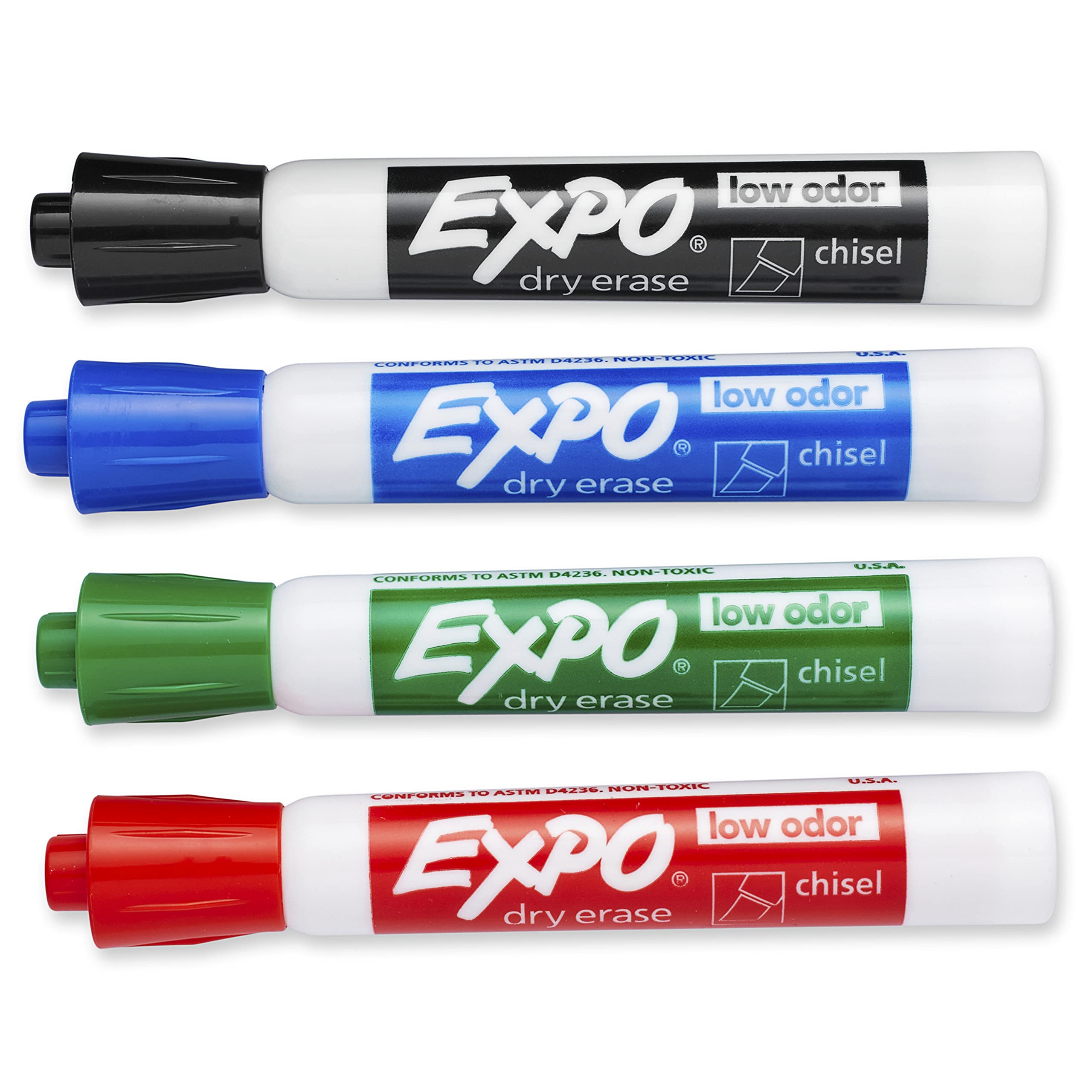 Book Cover EXPO 80074 Low-Odor Dry Erase Markers, Chisel Tip, Assorted Colors, 4-Count Assorted Markers