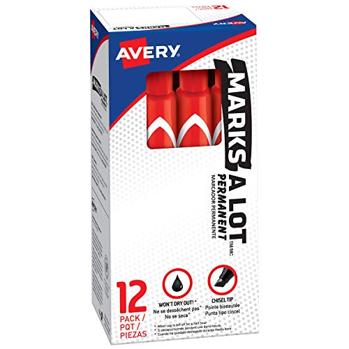 Book Cover Avery Marks-A-Lot Permanent Markers, Large Desk-Style Size, Chisel Tip, Water and Wear Resistant, 12 Red Markers (08887)