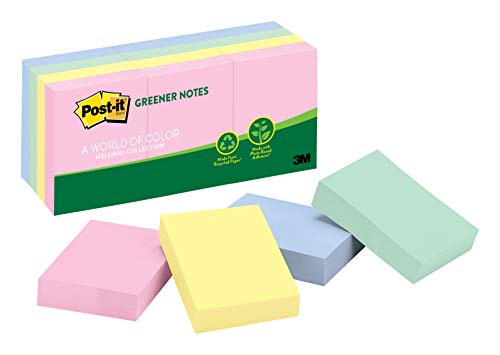 Book Cover Post-it Greener Notes, 12 Pads/Pack, 1 ½ in. x 2 in, 100% Recycled Paper and a Plant-Based Adhesive, Assorted Helsinki Colors (653-RPA)