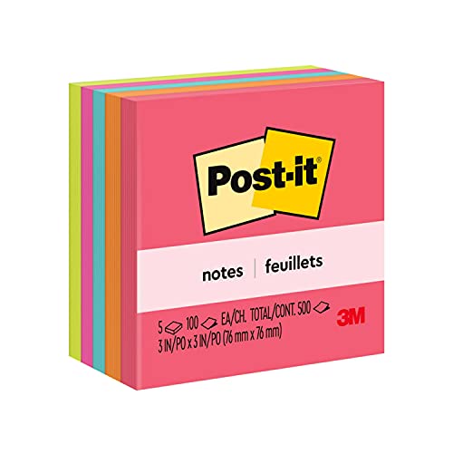 Book Cover Post-it Notes, 3 in x 3 in, 5 Pads, America's #1 Favorite Sticky Notes, Cape Town Collection, Bright Colors (Magenta, Pink, Blue, Green), Clean Removal, Recyclable (654-5PK)