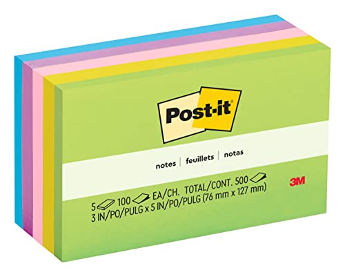 Book Cover Post-it Notes, 3x5 in, 5 Pads, America's #1 Favorite Sticky Notes, Jaipur Collection, Bold Colors (Green, Yellow, Orange, Purple, Blue), Clean Removal, Recyclable (655-5UC)