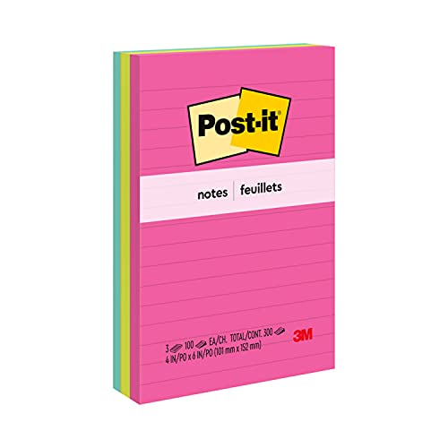 Book Cover Post-it Notes, 4x6 in, 3 Pads, America's #1 Favorite Sticky Notes, Cape Town Collection, Bright Colors (Magenta, Pink, Blue, Green), Clean Removal, Recyclable (660-3AN)
