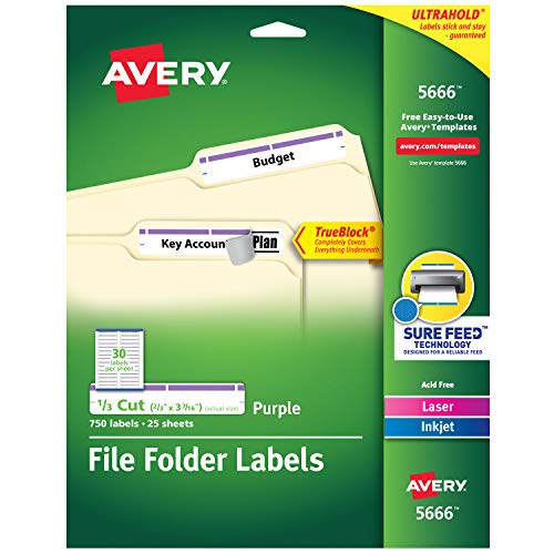 Book Cover Avery Purple File Folder Labels for Laser and Inkjet Printers with TrueBlock Technology, 2/3 inches x 3-7/16 inches, Pack of 750 (5666)
