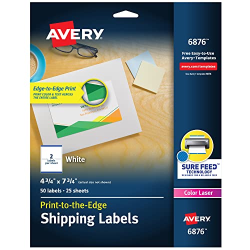 Avery Print-to-the-Edge Printable Shipping Labels, 4.75" x 7.75", Matte White, Sure Feed Technology, Laser & Inkjet Compatible, 50 Blank Labels, Great for Mailing, Branding, and More (6876)