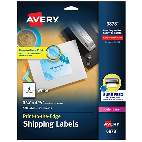 Avery Print-to-the-Edge Shipping Labels for Color Laser Printers and Copiers, 3.75 x 4.75 Inch, Pack of 100 (6878)
