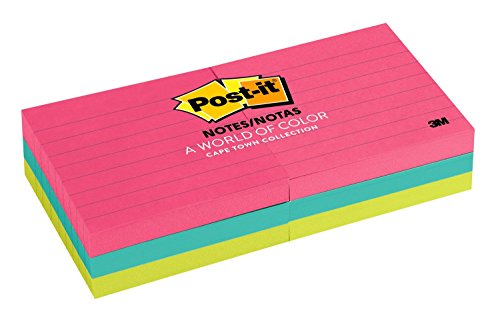 Book Cover Post-it Notes, 3 in x 3 in, America's #1 Favorite Sticky Note, Cape Town Collection, Lined, 6 Pads/Pack (630-6AN)