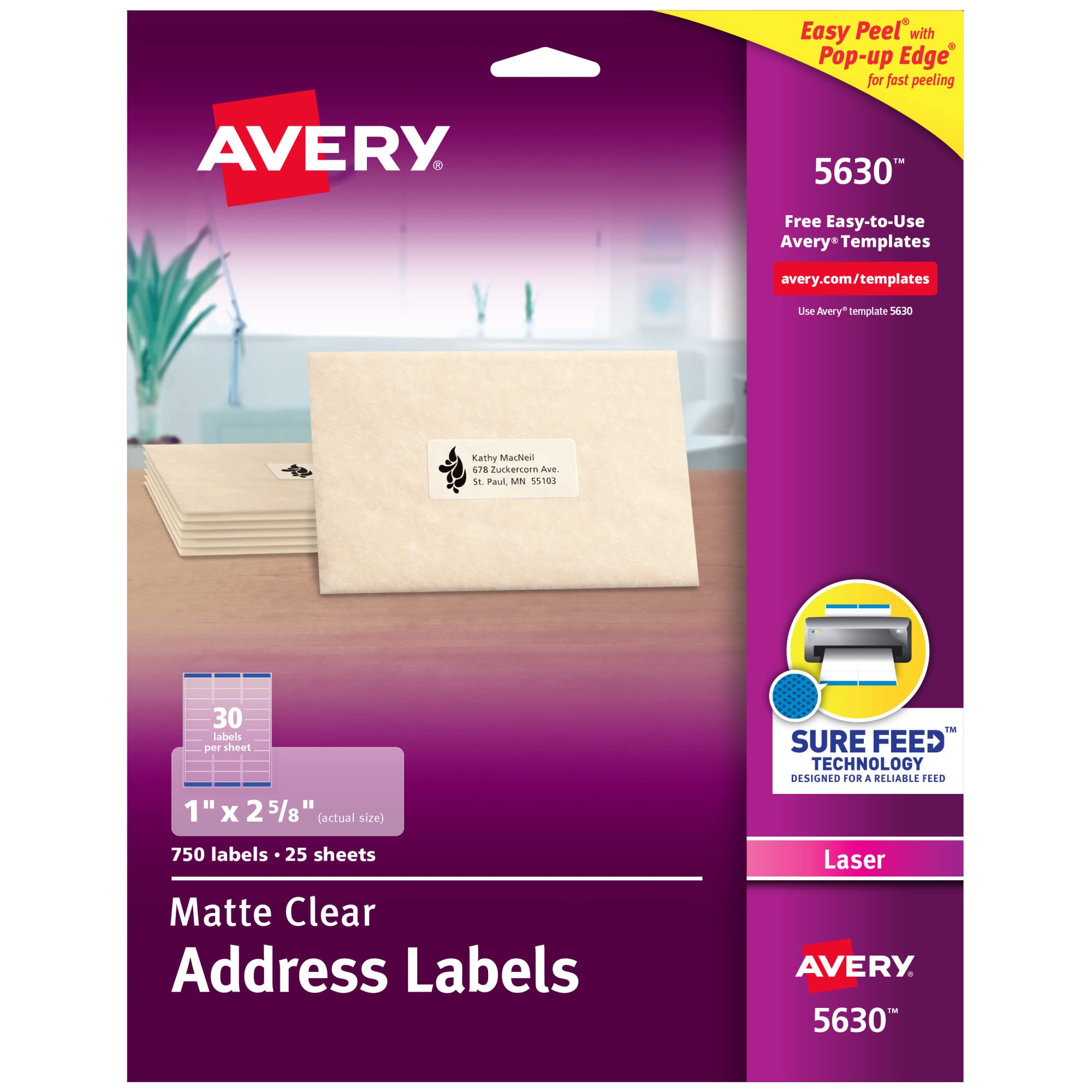 Avery Clear Easy Peel Address Labels for Laser Printers 1" x 2-5/8", Pack of 750 (5630) 750 labels