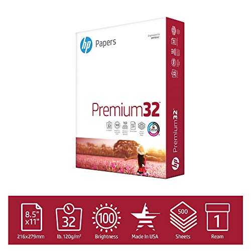 HP Printer Paper Premium 32lb,  8.5x 11, 1 Ream, 500 Sheets, Made in USA From Forest Stewardship Council (FSC) Certified Resources, 100 Bright, Acid Free, Engineered for HP Compatibility, 113100R