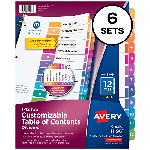 Book Cover Avery Ready Index 12-Tab Binder Dividers, Customizable Table of Contents, Multicolor Tabs, 6 Sets (11196)