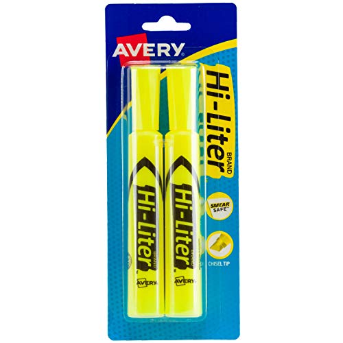 Book Cover Avery Hi-Liter Desk-Style Highlighters, Smear Safe Ink, Chisel Tip, 2 Yellow Highlighters (24081) (Packaging may vary)