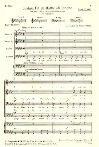 Joshua fit de Battle ob Jericho. For four-part chorus of men's voices (a capella) ... Negro spiritual. Arranged by F. Hruby. [Staff and tonic sol-fa notation.]