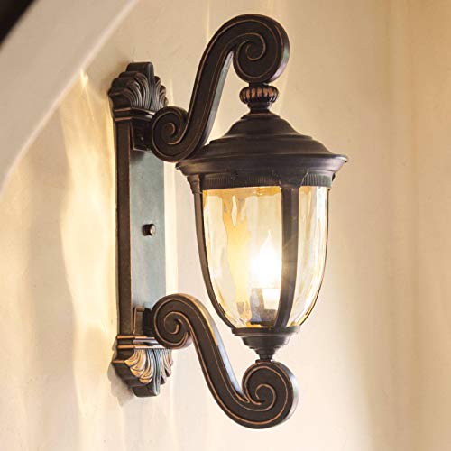 John Timberland Bellagio European Outdoor Wall Light Fixture Bronze Scroll 24" Champagne Hammered Glass Decor for Exterior House Porch Patio Outside Deck Garage Yard Front Door Garden Home