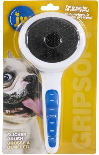 JW Pet Gripsoft Slicker Brush with Non-Slip Rubber Grip (Stainless Steel Tines), Dog Grooming Brush, Assorted Colors, Large, 10"