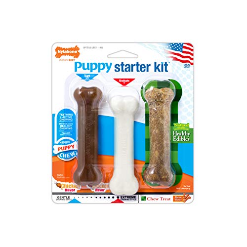 Book Cover Nylabone Puppy Starter Kit, Pack of 3 Dental Dog Chew Bones, 1 Edible, 1 Gentle, 1 Extreme, Small, for Puppies Up to 11 kg