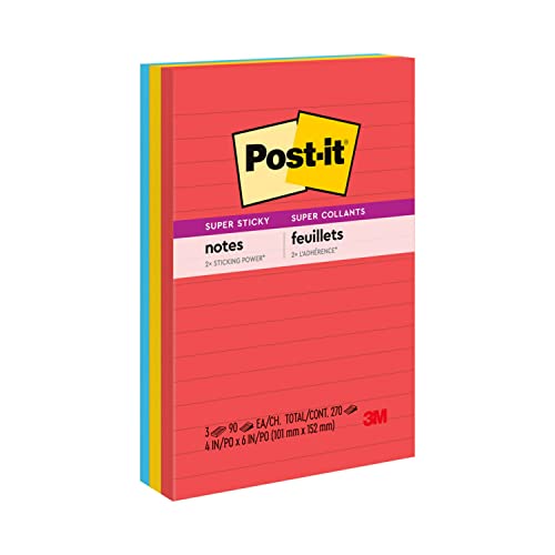 Post-it Super Sticky Notes, Assorted Sizes, 13 Pads, 2x the Sticking Power, Playful Primaries, Primary Colors (Red, Yellow, Green, Blue, Purple), Recyclable (4623-13SSAU)
