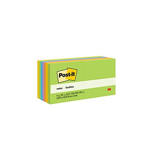 Post-it Notes, 3x3 in, 14 Pads, America's #1 Favorite Sticky Notes, Jaipur Collection, Bold Colors (Green, Yellow, Orange, Purple, Blue), Clean Removal, Recyclable (654-14AU)