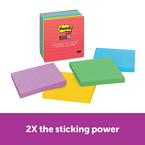 Post-it Super Sticky Notes, 2x Sticking Power, 4 in x 4 in, Marrakesh Collection, Lined, 6 Pads/Pack (675-6SSAN)