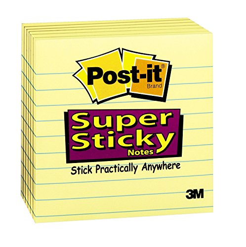 Post-it Super Sticky Notes, 2x Sticking Power, 4 x 4-Inches, Canary Yellow, Lined, 6-Pads/Pack