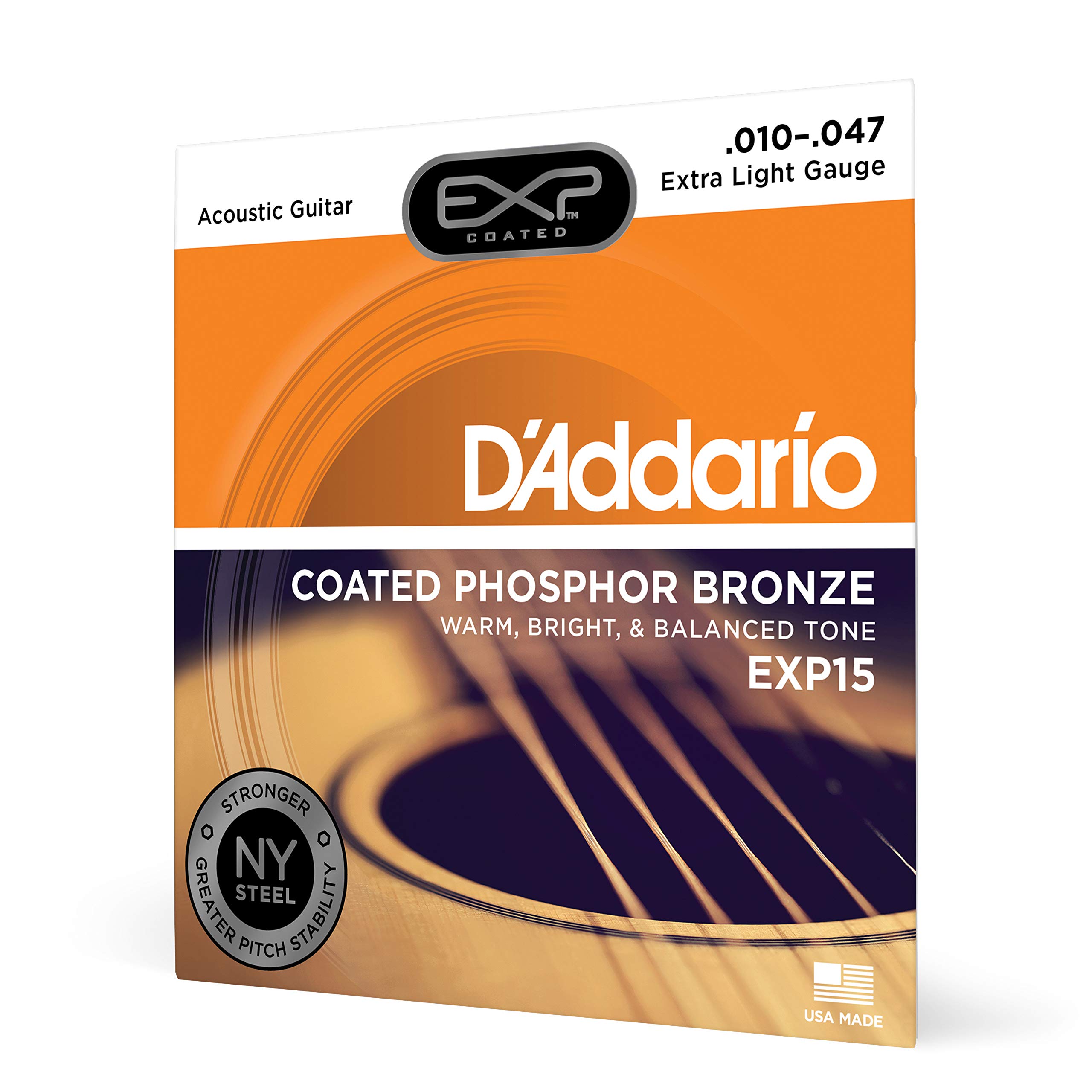 Book Cover D’Addario EXP15 Coated Phosphor Bronze Acoustic Guitar Strings, Light, 10-47 – Offers a Warm, Bright and Well-Balanced Acoustic Tone and 4x Longer Life - With NY Steel for Strength and Pitch Stability Extra Light, 10-47 1-Pack