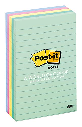 Book Cover Post-it(R) Notes, 4 in x 6 in, Marseille Collection, Lined, 5 Pads/Pack, 100 Sheets/Pad (660-5PK-AST)
