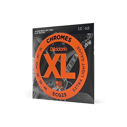 Book Cover D'Addario ECG23 XL Chromes Flat Wound Electric Guitar Strings, Extra Light Gauge, 10-48 (1 Set) - Ribbon Wound and Polished for Ultra-Smooth Feel and Warm, Mellow Tone - Sealed Pouch Prevents Corrosion