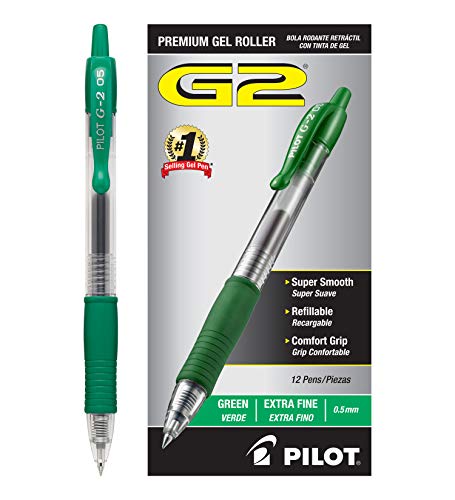 Book Cover Pilot G2 Retractable Premium Gel Ink Roller Ball Pens Extra Fine (.5) Dozen Box Green; Retractable, Refillable & Premium Comfort Grip; Smooth Lines to End of Page, America's #1 Selling Pen Brand