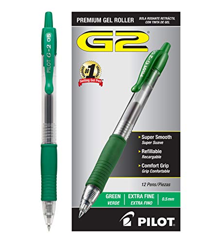 Pilot G2 Retractable Premium Gel Ink Roller Ball Pens Extra Fine (.5) Dozen Box Green; Retractable, Refillable & Premium Comfort Grip; Smooth Lines to End of Page, America's #1 Selling Pen Brand