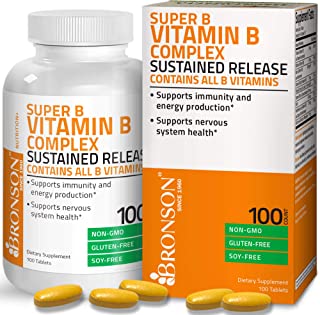 Book Cover Bronson Super B Vitamin B Complex Sustained Slow Release (Vitamin B1, B2, B3, B6, B9 - Folic Acid, B12) Contains All B Vitamins 100 Tablets