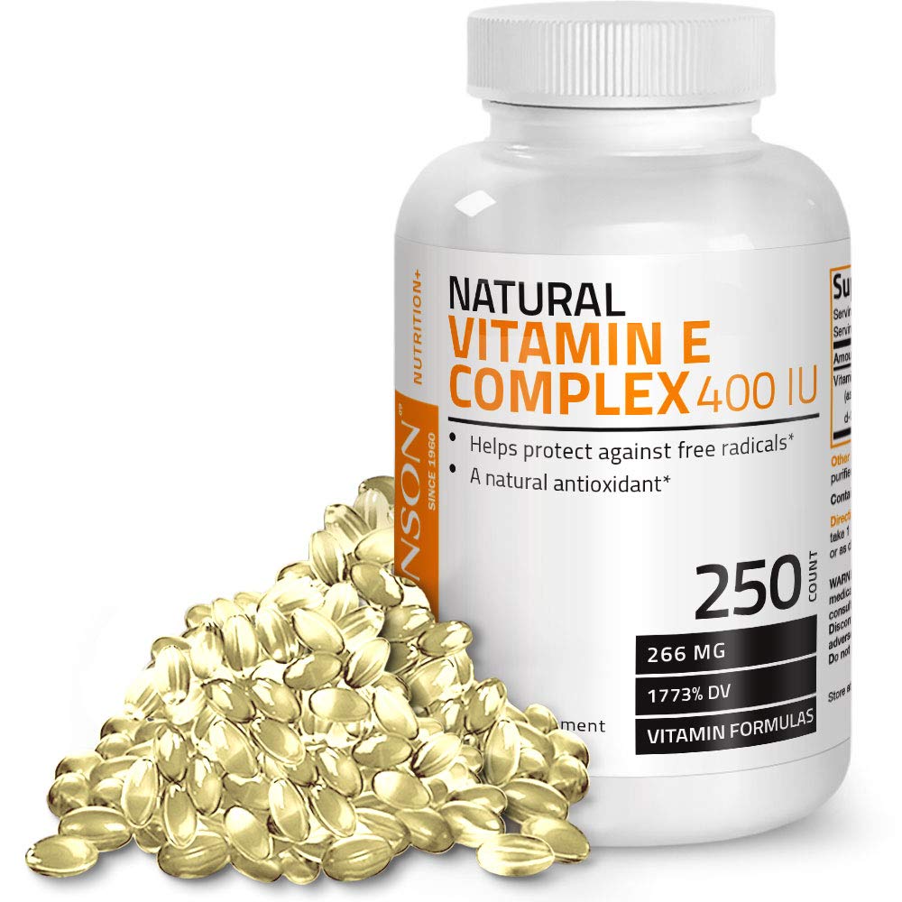 Book Cover Bronson Natural Vitamin E Complex Supplement 400 I.U. (80% D-Alpha Tocopherol), Natural Antioxidant, 250 Softgels Unflavored 250 Count (Pack of 1)