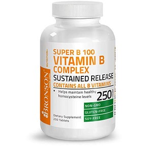 Bronson Vitamin B 100 Complex High Potency Sustained Release (Vitamin B1, B2, B3, B6, B9 - Folic Acid, B12), 250 Tablets