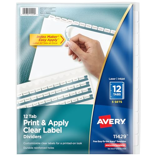 Avery 12-Tab Binder Dividers, Easy Print & Apply Clear Label Strip, Index Maker, White Tabs, 5 Sets (11429)