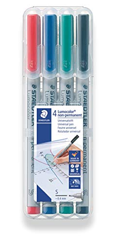 Book Cover STAEDTLER Lumograph Non-Permanent Wet Erase Marker Pen, Super Fine Tip, Low Odor Colored Markers, Red-Blue-Green-Black 4 Pack, 311 WP4 (311 WP4 ST)