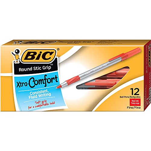 Book Cover BIC Round Stic Grip Xtra Comfort Ballpoint Pen, Fine Point (0.8mm), Red, 12-Count