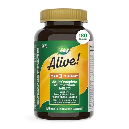 Nature’s Way Alive! Max3 Potency Daily Multivitamin with Iron, High Potency Adult Multivitamins to Support Cellular Energy Metabolism, Heart, and Muscle Function* for Women & Men, 180 Tablets