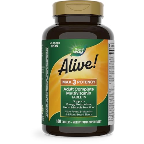 Nature's Way Alive! Max3 Potency Adult Complete Multivitamin, High Potency B-Vitamins to Support Cellular Energy Metabolism*, Multivitamin with Methylated B12 & Folate, No Added Iron, 180 Tablets