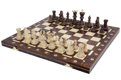 Book Cover Wegiel Handmade European Ambassador Chess Set - Wooden 21 Inch Beech & Birch Board With Felt Base - Carved Hornbeam & Sycamore Wood Chess Pieces - Compartment Inside The Board To Store Each Piece