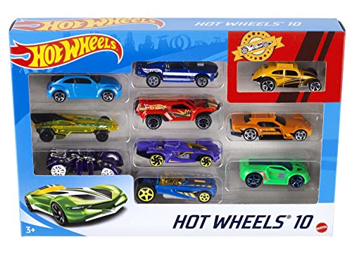 Book Cover Hot Wheels Set of 10 Toy Cars & Trucks in 1:64 Scale, Race Cars, Semi, Rescue or Construction Trucks (Styles May Vary) [Amazon Exclusive]