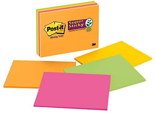 Post-it Super Sticky Notes, 8x6 in, 4 Pads, 2x the Sticking Power, Rio de Janeiro Collection, Bright Colors ( (Orange, Pink, Blue, Green), Recyclable (6845-SSP)