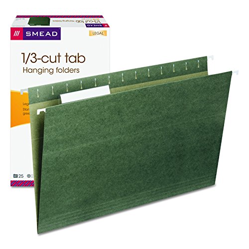 Smead Hanging File Folder with Tab, 1/3-Cut Adjustable Tab, Legal Size, Standard Green, 25 per Box (64135)