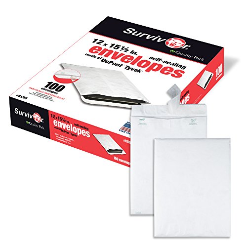 Quality Park Survivor Tyvek Shipping Envelopes, 12" x 15-1/2", Made with Lightweight and Strong DuPont Material, Peel and Seal Closure, White Shipping Envelopes, 100 Per Box (QUAR1790)