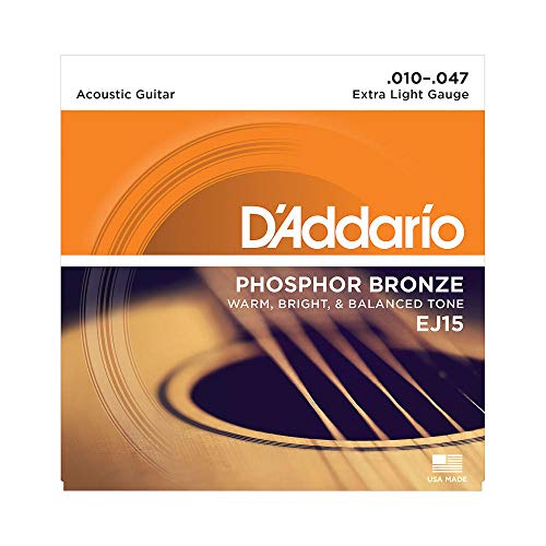 Dâ€™Addario EJ15 Phosphor Bronze Acoustic Guitar Strings, Extra Light (1 Set) â€“ Corrosion-Resistant Phosphor Bronze, Offers a Warm, Bright and Well-Balanced Acoustic Tone and Comfortable Playability