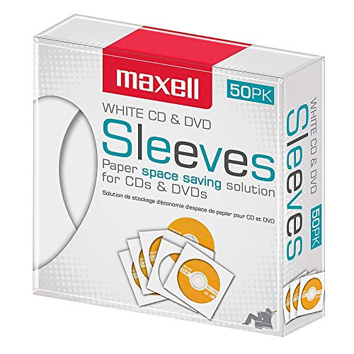Book Cover Maxell 190135 Protective Thin Clear Plastic Easy Storage CD & DVD Sleeves White 50 Pack (Paper)