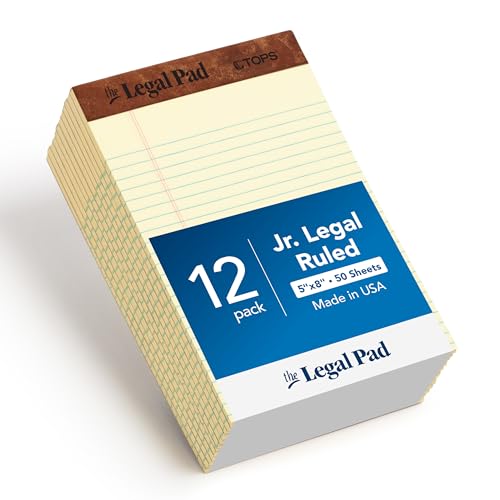 TOPS The Legal Pad Writing Pads, 5" x 8", Jr. Legal Rule, Canary Paper, 50 Sheets, 12 Pack (7501)