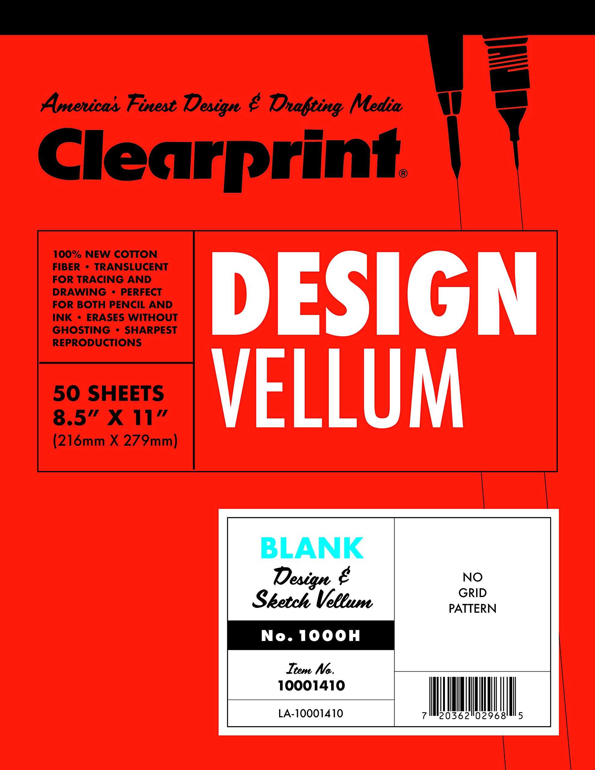 Clearprint 1000H Design Vellum Pad, 16 lb, 100% Cotton, 8-1/2 x 11 Inches, 50 Sheets, Translucent White, 1 Each (10001410)