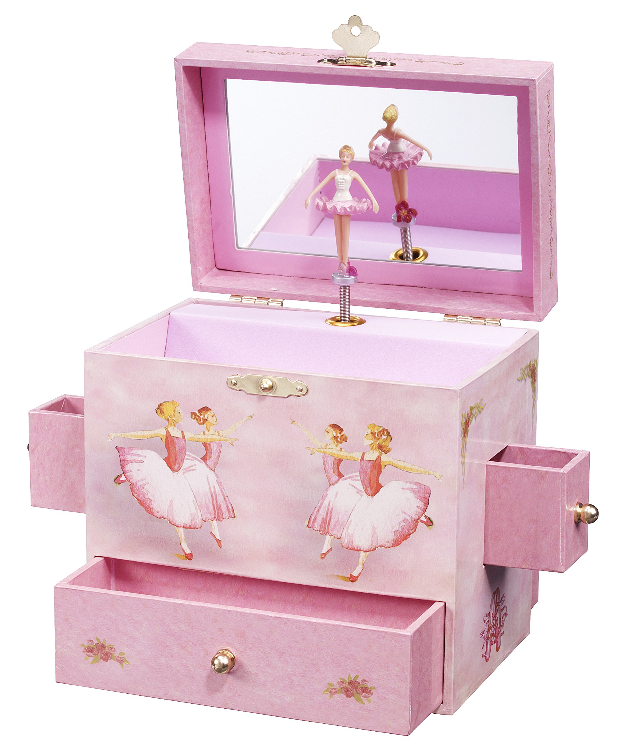 Book Cover Enchantmints Jewelry Box for Girls & Kids Jewelry Box for Little Girls Birthday Gifts, With Spinning Ballerina and 4 Drawers Musical Jewelry Boxes With Swan Lake Theme